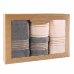 Komplet ręczników z bawełny w eco pudełku krem i ciemny szary z bordiurą w złote paski 500 g/m2 TIWANO 4 kpl.
