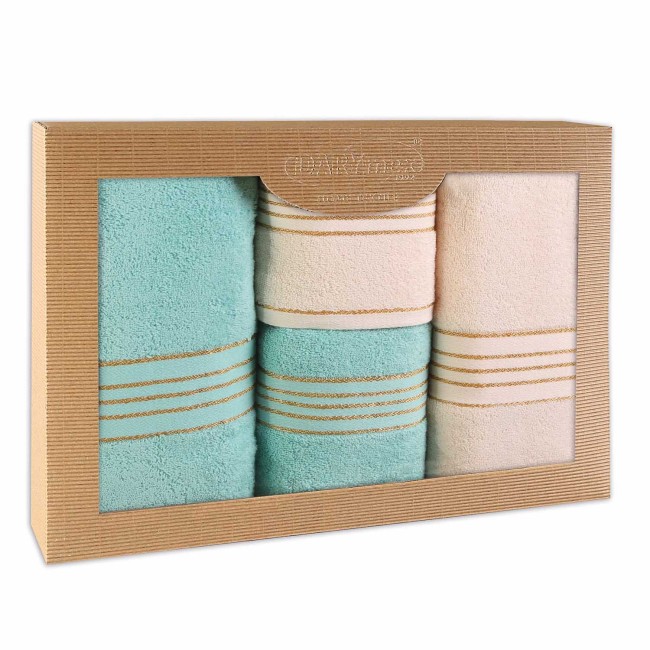  Elegancki, prezentowy komplet czterech ręczników bawełnianych w kolorach kremowy i jasny turkus w eco opakowaniu 
