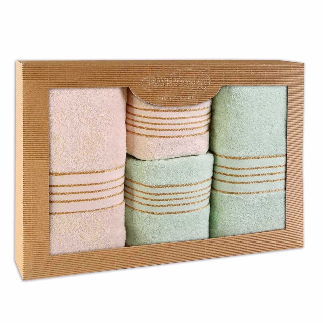  Elegancki, prezentowy komplet czterech ręczników bawełnianych w kolorach kremowy i jasny zielony w eco opakowaniu 