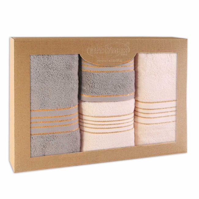  Elegancki, prezentowy komplet czterech ręczników bawełnianych w kolorach kremowy i szary w eco opakowaniu 