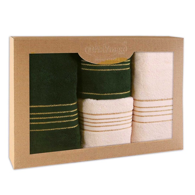  Elegancki, prezentowy komplet czterech ręczników bawełnianych w kolorach kremowy i butelkowa zieleń w eco opakowaniu 