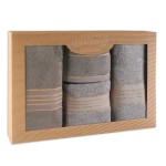 Komplet ręczników z bawełny w eco pudełku szary i ciemny szary z bordiurą w złote paski 500 g/m2 TIWANO 4 kpl.