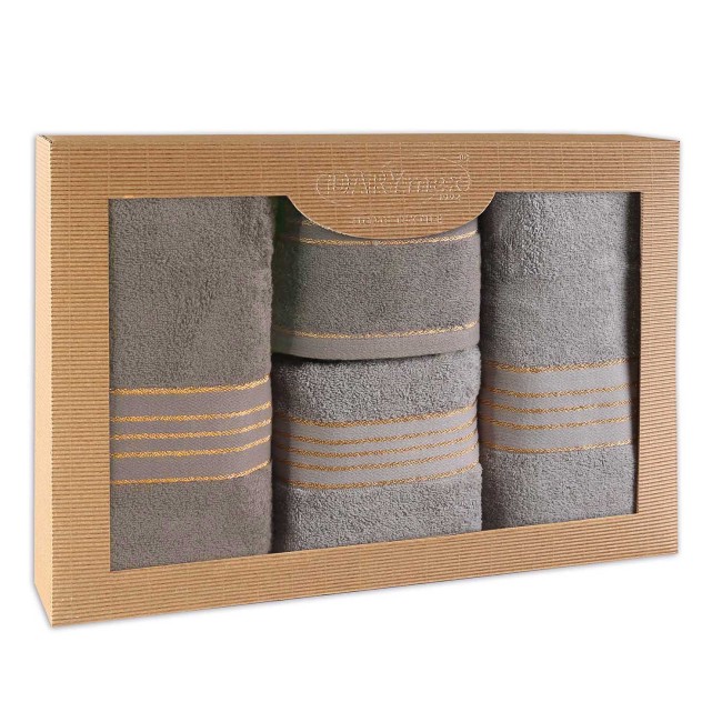  Elegancki, prezentowy komplet czterech ręczników bawełnianych w kolorach szary i ciemny szary w eco opakowaniu 
