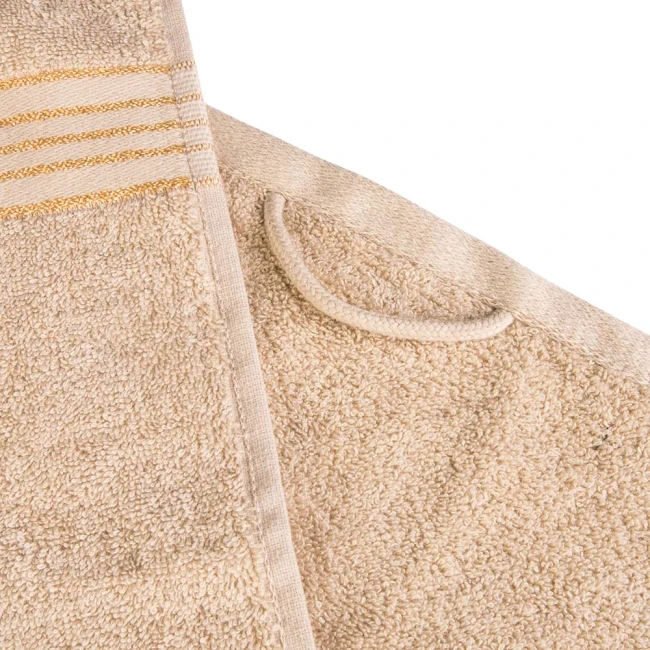 Komplet ręczników z bawełny w eco pudełku beżowy i jasny turkus z bordiurą w złote paski 500 g/m2 TIWANO 4 kpl.