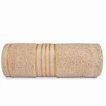 Komplet ręczników z bawełny w eco pudełku beżowy i jasny turkus z bordiurą w złote paski 500 g/m2 TIWANO 4 kpl.