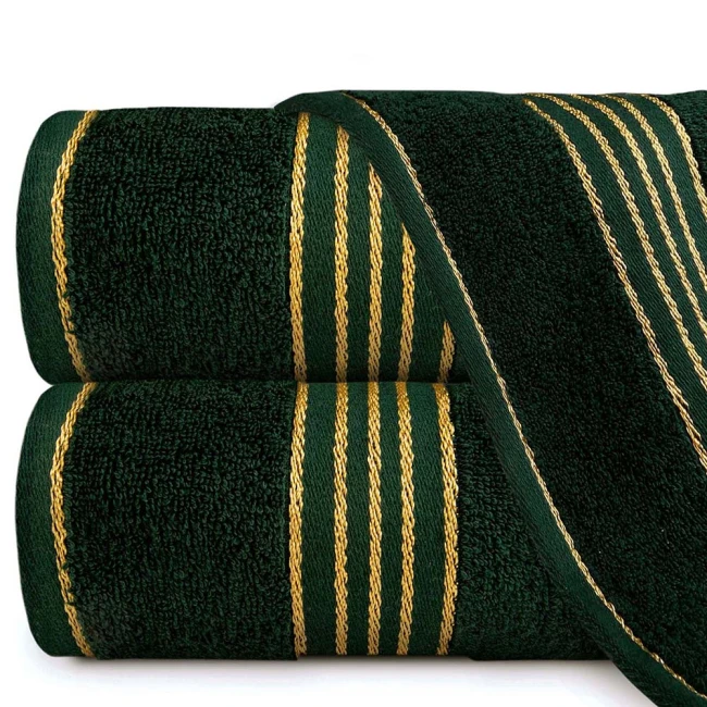 Komplet ręczników z bawełny w eco pudełku beżowy i butelkowa zieleń z bordiurą w złote paski 500 g/m2 TIWANO 4 kpl.