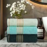 Komplet ręczników z bawełny w eco pudełku beżowy i butelkowa zieleń z bordiurą w złote paski 500 g/m2 TIWANO 4 kpl.