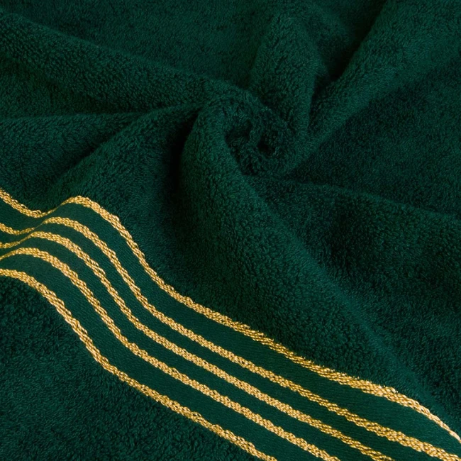 Komplet ręczników z bawełny w eco pudełku beżowy i butelkowa zieleń z bordiurą w złote paski 500 g/m2 TIWANO 4 kpl.