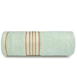 Komplet ręczników z bawełny w eco pudełku krem i jasny zielony z bordiurą w złote paski 500 g/m2 TIWANO 4 kpl.