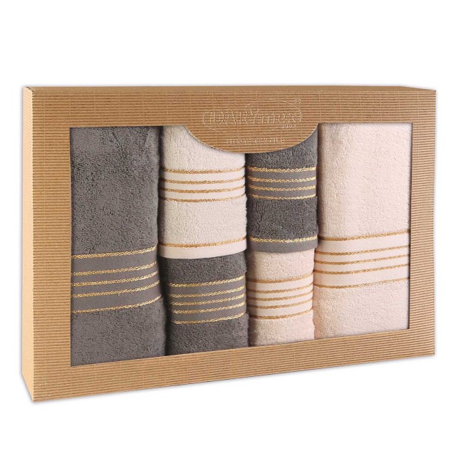  Elegancki, prezentowy komplet sześciu ręczników bawełnianych w kolorach kremowy i szary w eco opakowaniu 