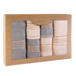 Komplet ręczników z bawełny w eco pudełku krem i szary z bordiurą w złote paski 500 g/m2 TIWANO 6 kpl.