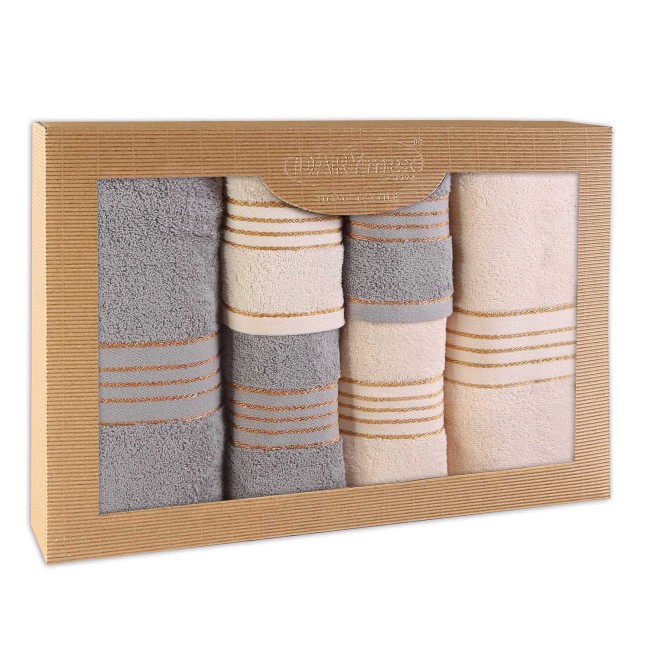  Elegancki, prezentowy komplet sześciu ręczników bawełnianych w kolorach kremowy i szary w eco opakowaniu 