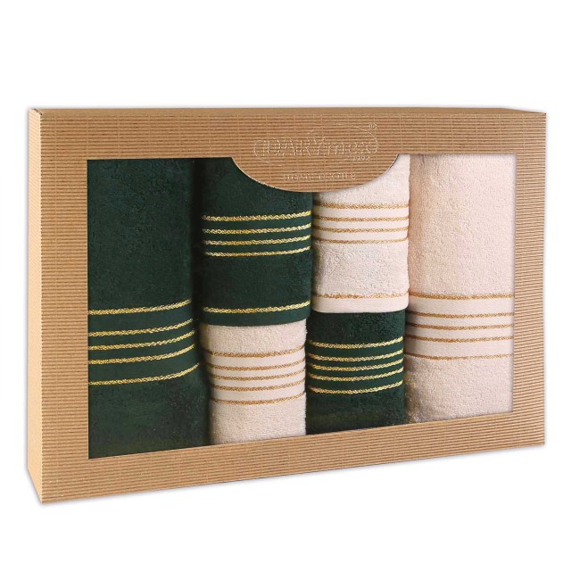  Elegancki, prezentowy komplet sześciu ręczników bawełnianych w kolorach kremowy i butelkowa zieleń w eco opakowaniu 