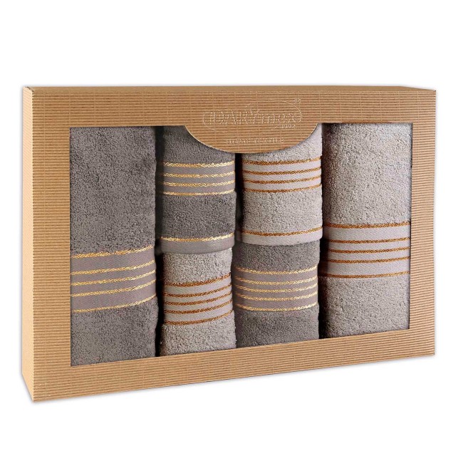  Elegancki, prezentowy komplet sześciu ręczników bawełnianych w kolorach szary i ciemny szary w eco opakowaniu 