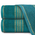 Komplet ręczników z bawełny w eco pudełku jasny szary i ciemny turkus z bordiurą w złote paski 500 g/m2 TIWANO 6 kpl.