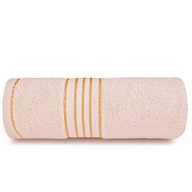 Komplet ręczników z bawełny w eco pudełku krem i jasny zielony z bordiurą w złote paski 500 g/m2 TIWANO 6 kpl.