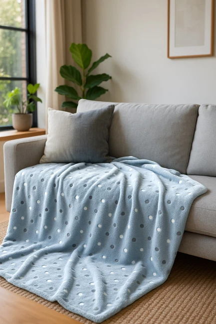 Puszysty koc dekoracyjny 150x200 cm w kolorze jasnego niebieskiego z wzorem w kolorowe kropki. Położony na szarej kanapie, miękki i ciepły, idealny do użytku w salonie. W tle widoczne rośliny i jasne okno.