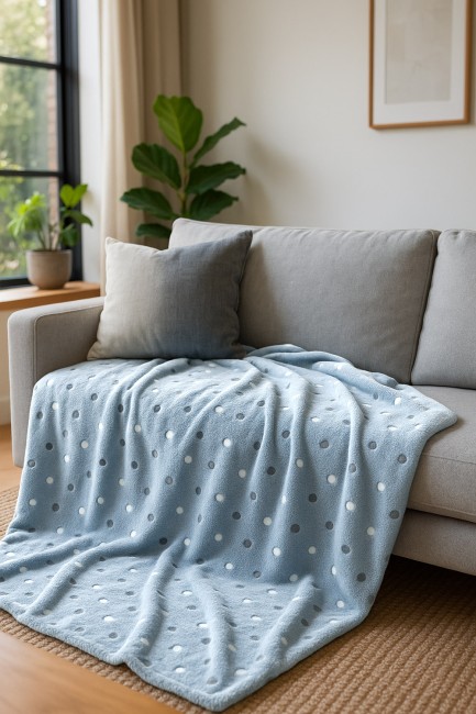 Puszysty koc dekoracyjny 200x220 w jasnym niebieskim kolorze z wzorem neonowych kropek, leżący na szarej sofie. Koc wykonany z miękkiego, ciepłego materiału, z wyraźnymi białymi i szarymi kropkami. W tle roślina doniczkowa i jasne wnętrze.
