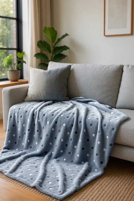 Puszysty koc dekoracyjny w ciemnym niebieskim kolorze, 150x200 cm, z wzorem w białe i czarne kropki. Leży na szarym sofie obok poduszki, w jasnym wnętrzu z rośliną w tle. Miękki i ciepły, idealny do użytku w salonie.
