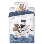 Pościel bawełniana dla dzieci świecąca w ciemności 100x135 Miś morska przygoda, niebieska, biała dla chłopca