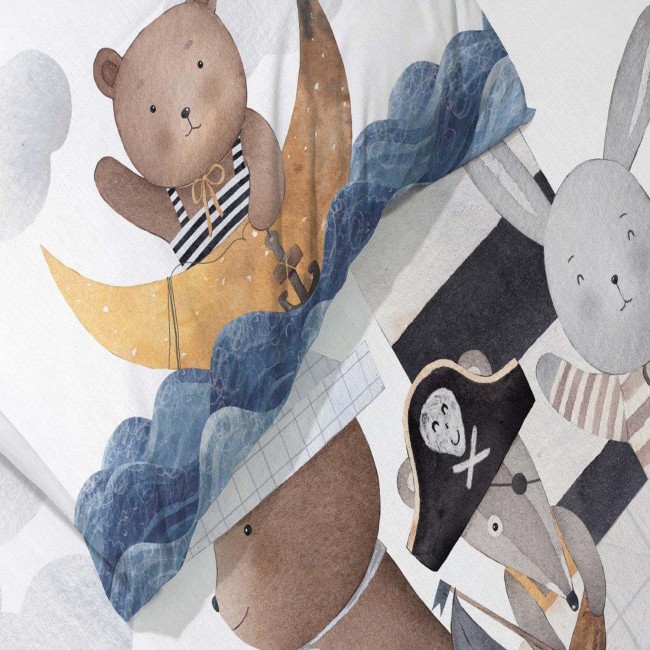 Pościel bawełniana dla dzieci świecąca w ciemności 100x135 Miś morska przygoda, niebieska, biała dla chłopca