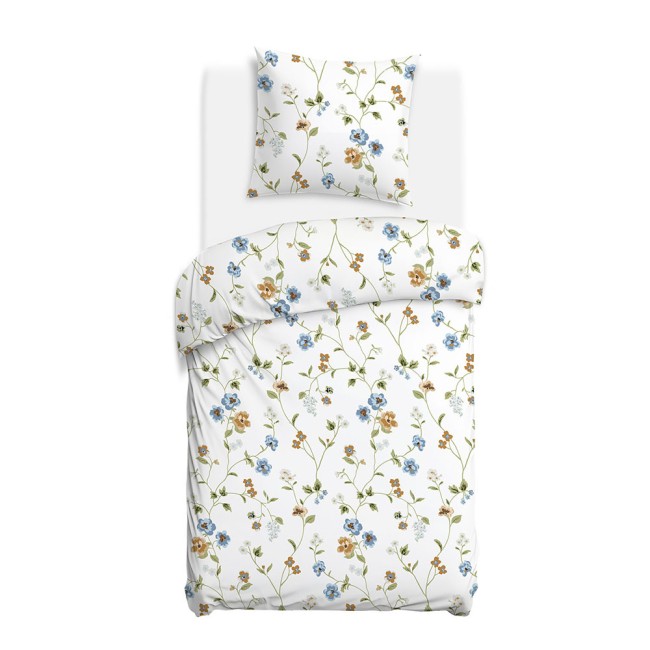 Pościel bawełniana w rozmiarze 140x200 cm w kolorze białym, ozdobiona różnokolorowymi kwiatami. Zestaw zawiera poszwę na kołdrę oraz poszewkę na poduszkę, układ stojący, z bliska na wzór roślinny.