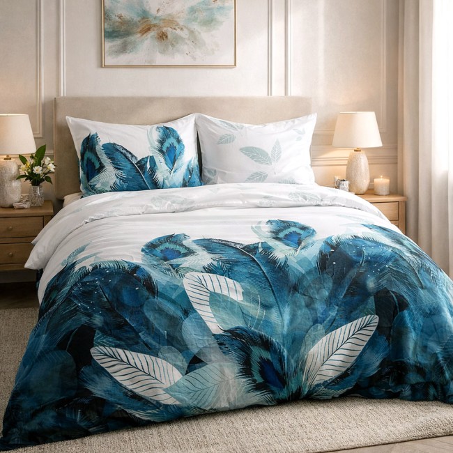  Delikatna miękka bawełniana biała pościel w turkusowe liście 160x200 cm 