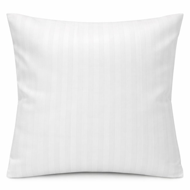 Biała pościel hotelowa bawełniana 140x200 cm w pasy 1 cm, z zakładką 30 cm. Widok frontalny, produkt leżący. Gładka tekstura tkaniny, delikatny wzór pasków, bez widocznych napisów czy logo. Na prostym tle, idealny do aranżacji sypialni.