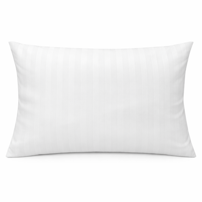 Pościel hotelowa bawełniana 160x200 w białe pasy 2-cm, widoczna z przodu. Produkt leży na płaskiej powierzchni. Materiał gładki, z delikatnym wzorem pasów. Brzeg poduszki zakończony zakładką na 30 cm. Tło proste, białe.