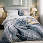 Pościel satyna bawełniana 220x200 w szaro-beżową abstrakcję, rozłożona na łóżku. Wzór spiralny z delikatnymi akcentami niebieskiego i pomarańczowego. Poszewka na poduszkę w zestawie. Ujęcie z góry, na jednolitym tle w tle.