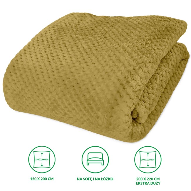 Koc żakardowy 200x220 w kolorze oliwkowym, z miękką, teksturowaną powierzchnią. Produkt leży na białym tle, złożony w stos, ukazując szczegóły wzoru i faktury materiału. Idealny do aranżacji wnętrz.
