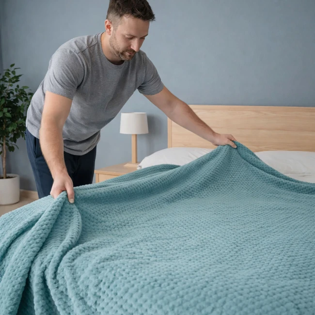 Koc żakardowy Amorro w kolorze jasnym turkusie o wymiarach 150x200 cm, leżący na łóżku, trzymany przez mężczyznę w szarej koszulce. Tło w pastelowym odcieniu, z drewnianym łóżkiem i lampką nocną. Wzór na kocu z teksturą.