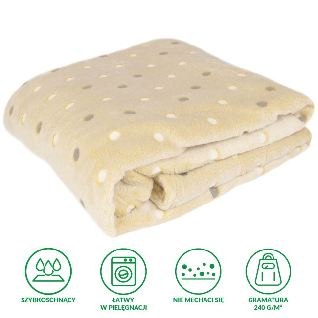 Koc mikrofibra w rozmiarze 200x220 cm, w kolorze limonkowym z białymi i szarymi kropkami. Złożony, leżący na jednolitym tle, z mięsistą, miękką fakturą, idealny na czas relaksu lub jako dodatek do aranżacji wnętrza.