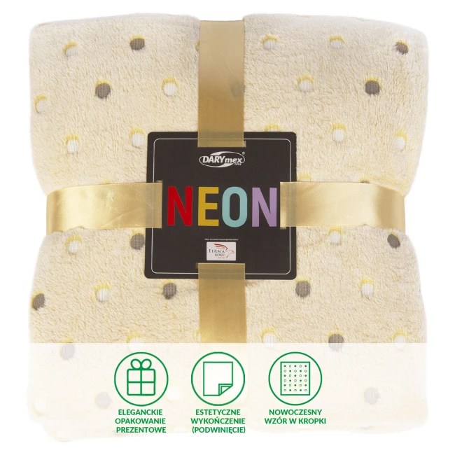 Koc mikrofibra 150x200 cm w kolorze limonkowym z fakturą kropkowaną. Ułożony w pozycji leżącej, z przewiązaną złotą tasiemką. Wzór na kocu składa się z dużych, jasnych kropek na beżowym tle. Widoczny czarny napis NEON.