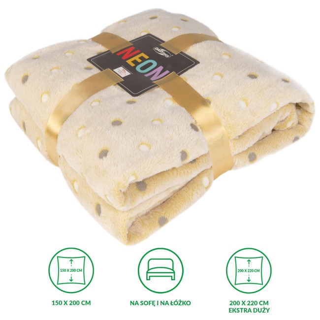 Koc mikrofibra 150x200 w kolorze limonkowym, z delikatnymi, okrągłymi kropkami. Złożony na pół, z widocznym złotym paskiem. Materiał miękki z teksturą. Brak widocznych napisów i logo. Ułożony na jasnym tle. Idealny do użycia w salonie lub sypialni.