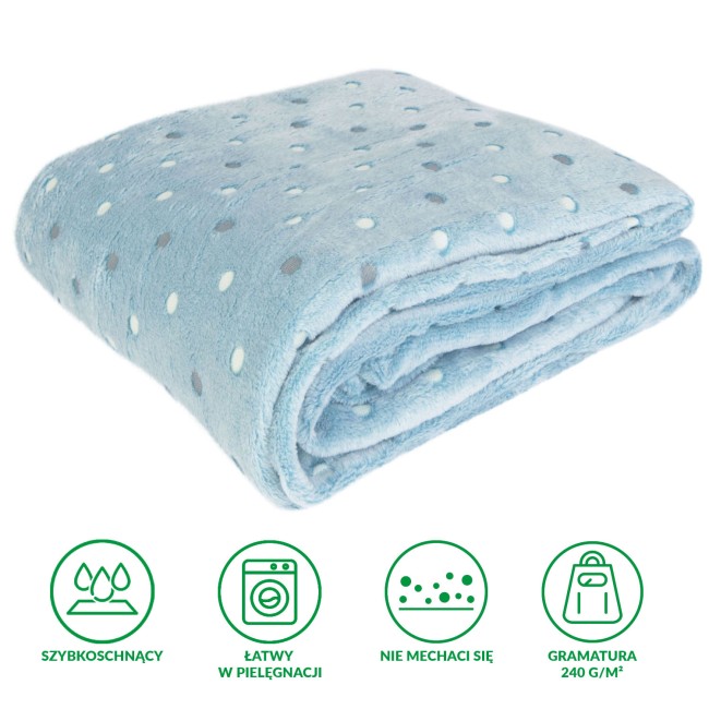 Koc mikrofibra w kolorze błękitnym z wzorem w kolorowe kropki. Rozmiar 200x220 cm, złożony w prostokątny kształt. Materiał miękki i przyjemny w dotyku, idealny do użytku w domu lub na tarasie.