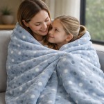 Puszysty koc dekoracyjny 200x220 cm w jasnym niebieskim kolorze z wzorem w kropki. Koc jest miękki i ciepły, owija matkę i córkę, które uśmiechają się do siebie na kanapie w jasnym wnętrzu.