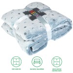 Koc mikrofibra w kolorze laguny, rozmiar 150x200 cm, złożony, z widocznymi długimi włóknami i wzorem w kropki. Produkt spiąty wstążką z kolorowym napisem „NEON”. Tło białe, co podkreśla dekoracyjny charakter koca.