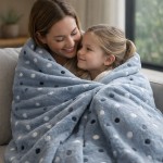 Puszysty koc dekoracyjny 150x200 cm w kolorze ciemnego niebieskiego z wzorem neonowych kropek. Koc jest miękki i ciepły, owija matkę i dziecko, siedzących na kanapie, w jasnym pomieszczeniu z dużym oknem.