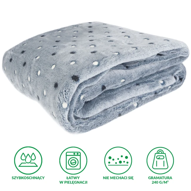 Koc mikrofibra 200x220 cm w kolorze navy z białymi i czarnymi kropeczkami, złożony w prostokątny kształt, ukazujący miękką fakturę i wzór. Produkt leży na białym tle, bez dodatkowych elementów.