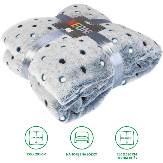 Koc mikrofibra 200x220 w kolorze szarym z wielokolorowymi kropkami na tle. Złożony, z widocznym satynowym paskiem z napisem NEON. Gładka, miękka faktura materiału. Produkt leży na płaskiej powierzchni, detale są dobrze widoczne.