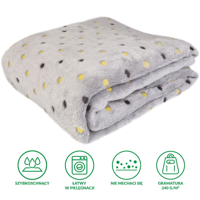 Koc mikrofibra 150x200 cm w kolorze popielatym z wzorem neonowych kropek w kolorach żółtym i ciemnobrązowym. Produkt leży na białym tle, złożony, ukazując jego miękką fakturę i różnorodne kolory kropek.