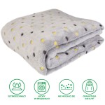 Koc mikrofibra 200x220 w kolorze popielatym z wzorem neonowych kropek w odcieniach żółtym i brązowym, leży na płaskiej powierzchni. Produkt ma miękką, puszystą fakturę i jest złożony w równą kostkę, co ułatwia przechowywanie lub transport.