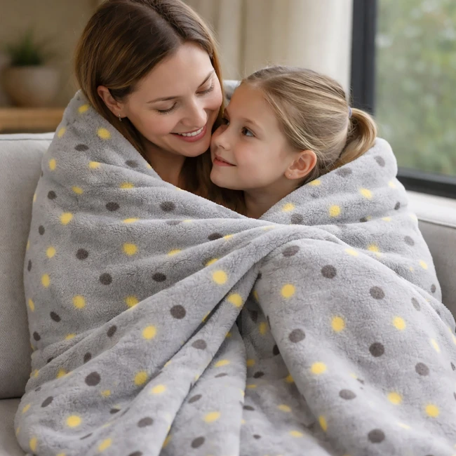 Puszysty koc dekoracyjny 200x220 cm w jasnoszarym kolorze z popielatymi i żółtymi kropkami, miękki i ciepły, owija matkę i córkę siedzące na kanapie, tworząc przytulną atmosferę.