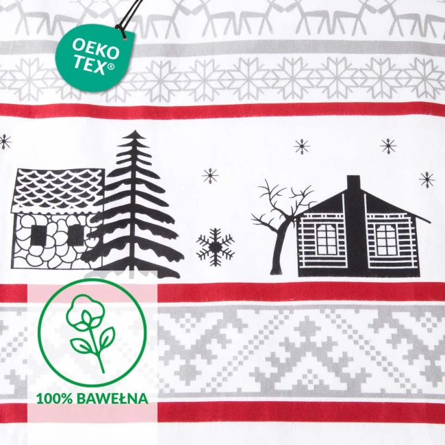 Pościel flanelowa 180x200 cm w białym kolorze, z wzorem w choinki i chatki. Grafika w odcieniach czerni i czerwieni, z elementami śniegu. Produkt ukazany z bliska, na płaskim tle, podkreślając detale wzoru i teksturę materiału.