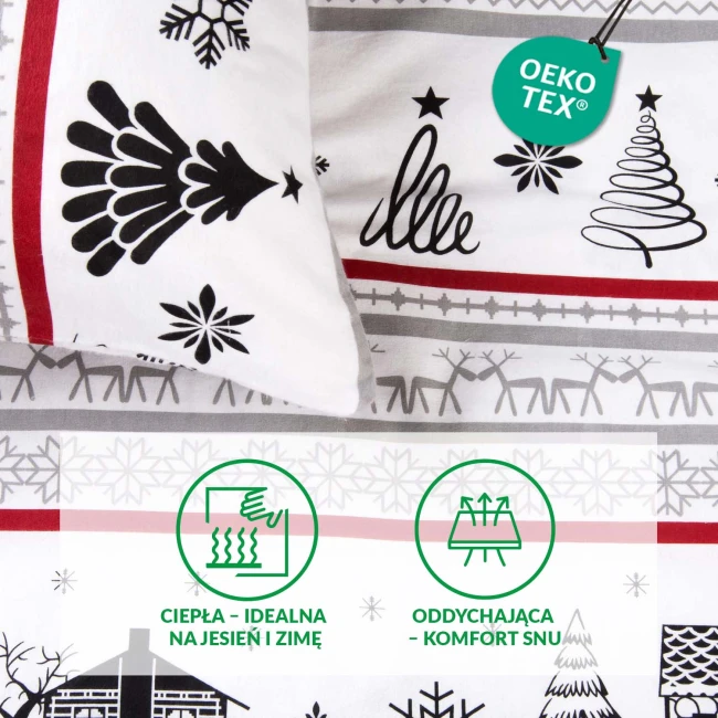 Pościel flanelowa 180x200 Selvia w kolorze białym z motywem choinek i chatki. Zestaw zawiera poszewki z różnymi wzorami, z widocznymi symbolami komfortu snu i ciepła. Produkt z certyfikatem Oeko-Tex.