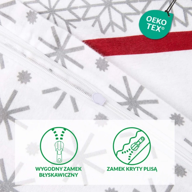 Pościel flanelowa 180x200 Selvia w kolorze białym z szarymi wzorami choinek i chatki. Zamek błyskawiczny na jednej stronie; tekstura flaneli jest miękka i przyjemna w dotyku. Ujęcie z bliska, ukazujące detal zamka.