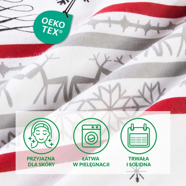 Pościel flanelowa 180x200 Selvia w jasnym kolorze z wzorami choinek, śnieżynek i linii w odcieniach szarości oraz czerwieni, leżąca w złożeniu. Materiał o teksturze flaneli, prezentujący ciepły, zimowy motyw, idealny do aranżacji sypialni.