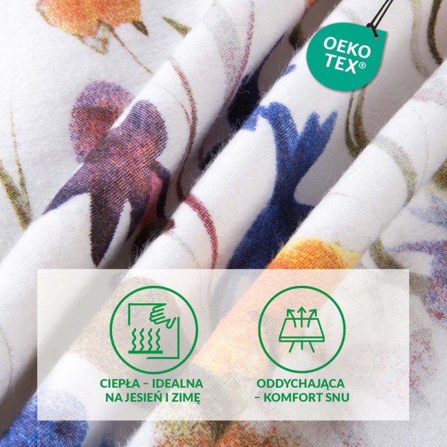 Pościel flanelowa 180x200 cm w kolorze białym z wzorem kolorowych kwiatów. Ułożona w złożeniu, ukazując detale tkaniny i intensywne barwy. Materiał o miękkiej fakturze, idealny na chłodniejsze dni.