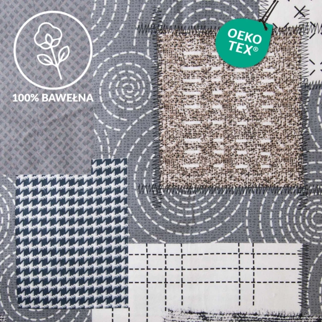Flanelowa pościel w kolorze szarym, z unikalnym wzorem składającym się z różnych geometrycznych elementów, w tym kraty oraz okręgów. Materiał ma delikatną teksturę. Widoczne hafty w różnych odcieniach szarości i beżu, w zbliżeniu na szczegóły.